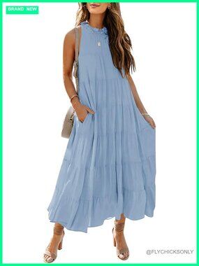 Sleeveless Halter Maxi Dress with Pockets Flowy Tiered Ruffle Hem